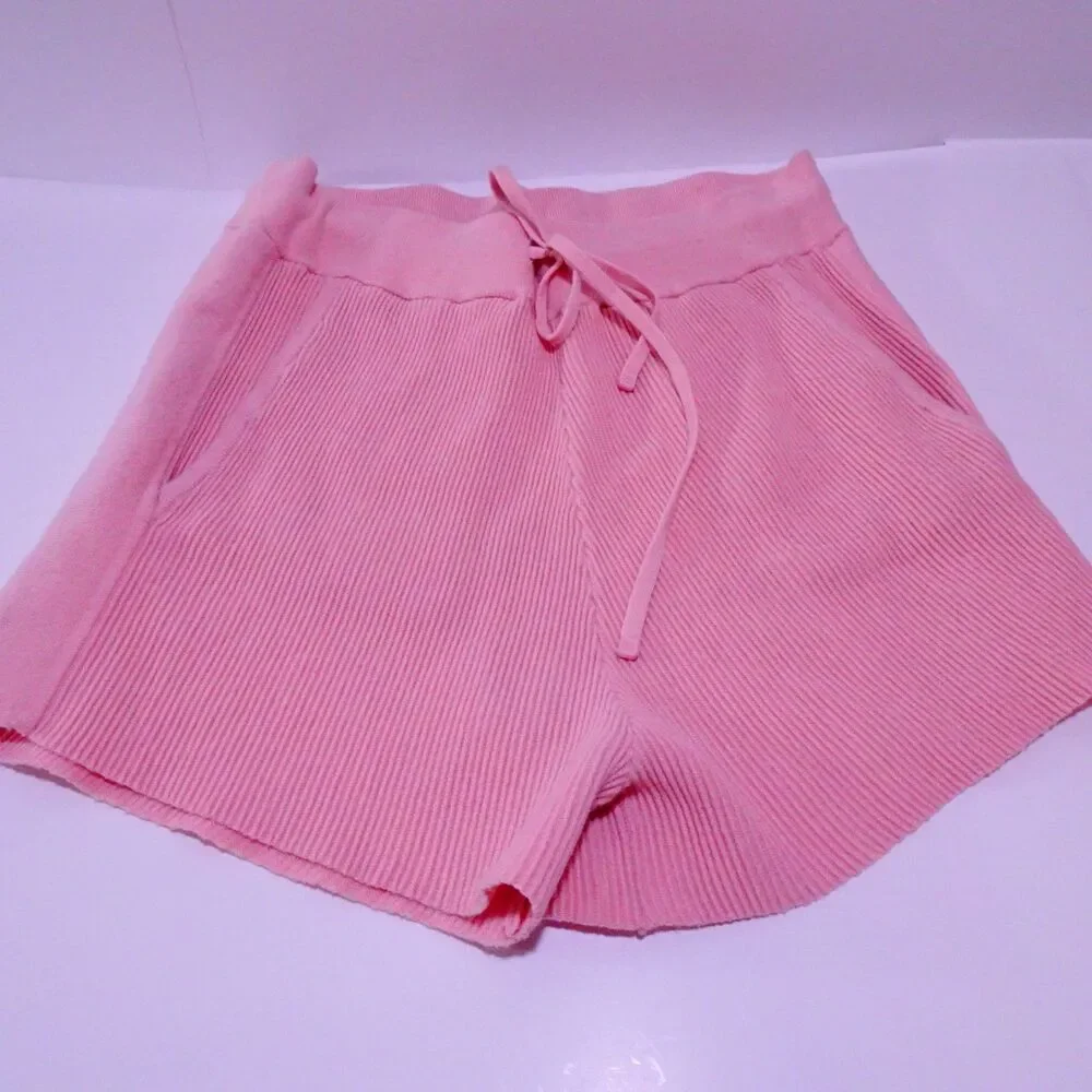 Blank Noir Pink Ribbed Knit Shorts High Waist Drawstring Shorts Sz S NWT 115